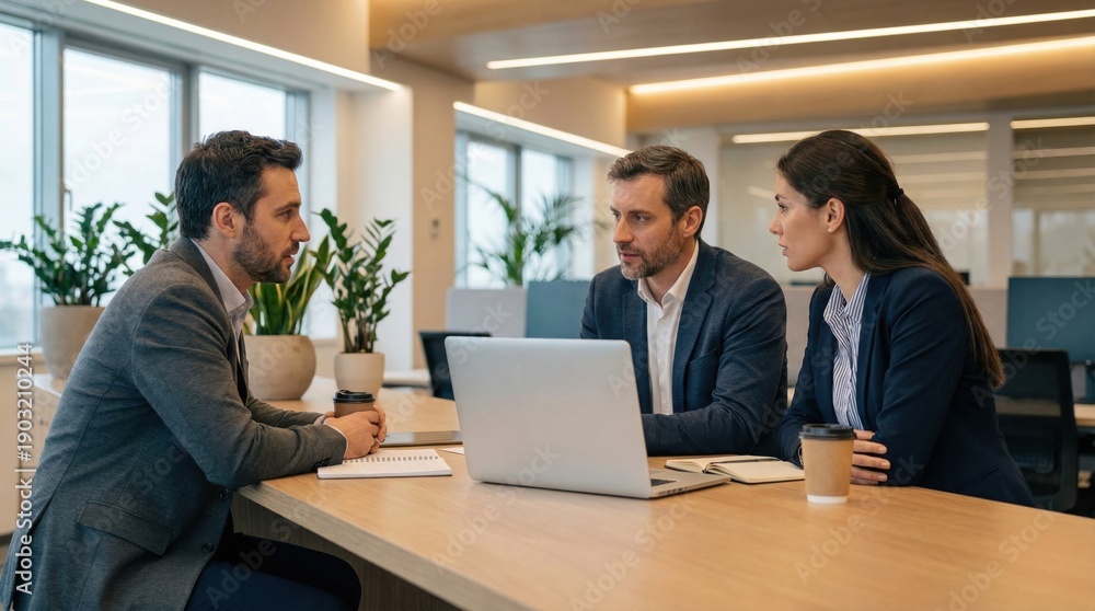 Obraz premium Business professionals collaborating in a modern office setting.