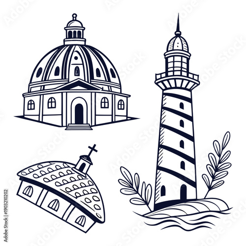 A collection of iconic architectural landmarks and a delicious slice of pizza. Vector