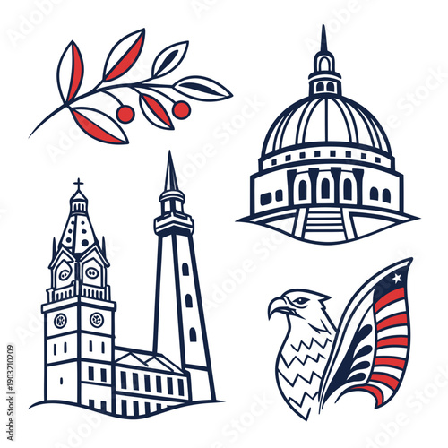 Illustration of historical buildings and national symbols from different countries Vector