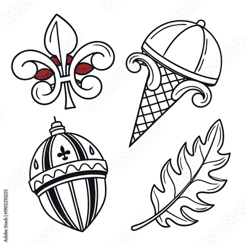 A collection of intricate french heraldic symbols and a leaf Vector