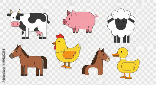 Collection of Farm Animals in Cartoon Style.