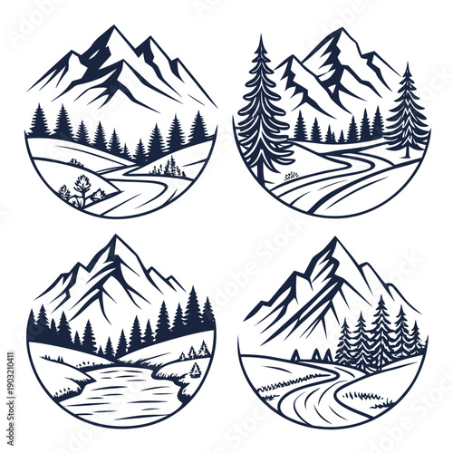 Four distinct landscapes showcasing mountains, forests, and serene lakes Vector