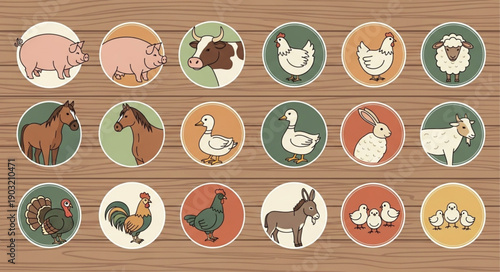 Collection of Farm Animals in Circular Badges on Wood Background.