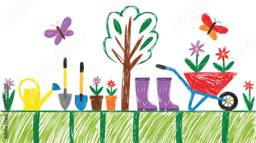 A child's crayon drawing of a garden scene with a simple, playful style (1)_traced