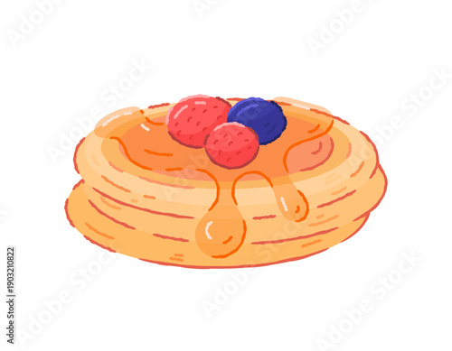 Illustration of a stack of pancakes topped with syrup or honey, blueberries and strawberries. Pancake day. Fruit and cake. Breakfast, sweets and desserts. Flat style outline crayon. White background.