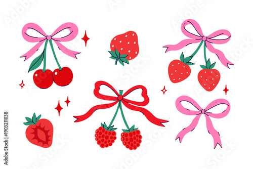 A set of cherries, strawberries, raspberries, and bows. Vector graphics
