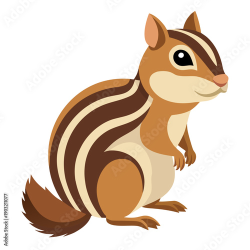 Сartoon cute chipmunk with fluffy tail and striped fur. Adorable rodent . Suitable for children's books, sticker, mascot, logo. Vector illustration on white background