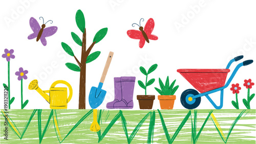 A child's crayon drawing of a garden scene with a simple, playful style (3)_traced