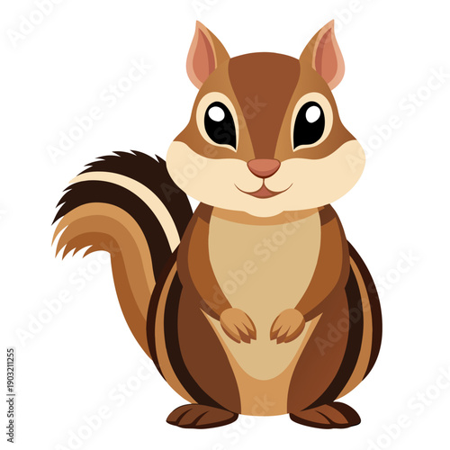 Сartoon cute chipmunk with fluffy tail and striped fur. Adorable rodent . Suitable for children's books, sticker, mascot, logo. Vector illustration on white background
