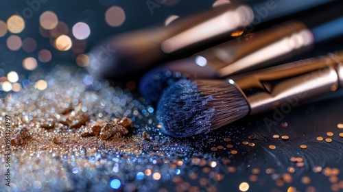 Wallpaper Mural Glamorous Makeup Brushes Surrounded by Shimmering Glitter and Sparkling Particles on Dark Background Torontodigital.ca