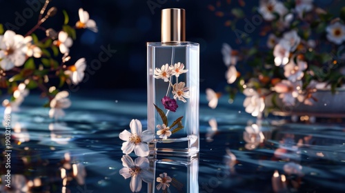 Wallpaper Mural Elegant Floral Perfume Bottle Surrounded by Blossoms and Reflections on Serene Blue Surface Torontodigital.ca