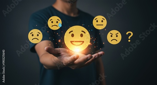 Person Holding Glowing Smiley Face Surrounded by Various Emoji Expressions