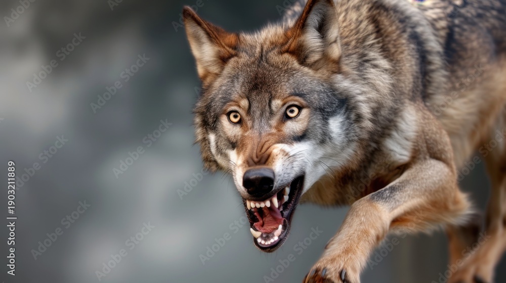 Obraz premium Aggressive Gray Wolf with Bared Teeth Stalking Through Forest Environment