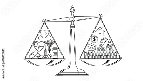 Balanced Scales with Healthcare Icons Representing Resource Distribution and Health Equity Advocacy Graphics