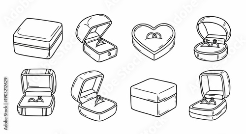 Set of wedding ring boxes doodle icons, engagement jewelry box line art, proposal and marriage celebration elements