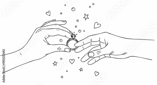 Hands exchanging diamond engagement ring doodle, hand drawn proposal and marriage ceremony line art illustration.