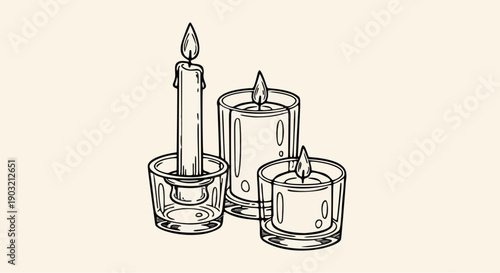 Scented candles in glass jars doodle, cozy home decor line art illustration, relaxation and aromatherapy concept.