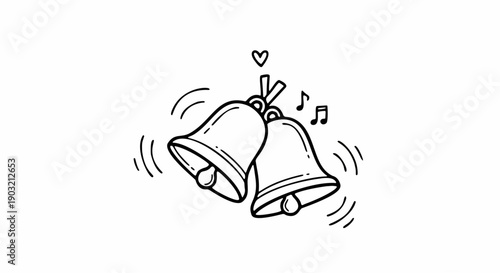 Wedding bells with musical notes and heart doodle, hand drawn celebration and marriage announcement line art.