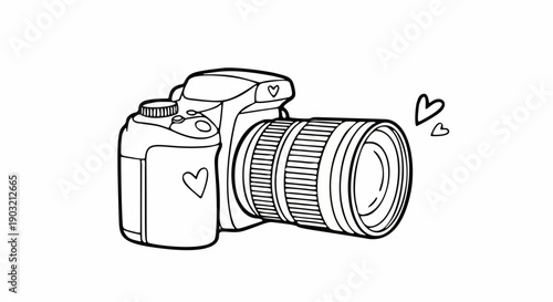 Professional DSLR camera doodle icon, hand drawn line art illustration, wedding photography concept, isolated on white background.