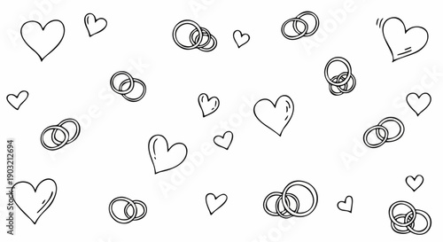 Wedding rings and hearts doodle pattern, hand drawn romantic marriage and engagement background line art.