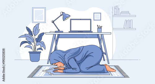 Muslim woman praying Salat on rug in home office, laptop desk, lamp, plant