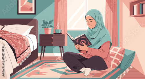 Muslim Woman Reading Holy Book in Cozy Bedroom