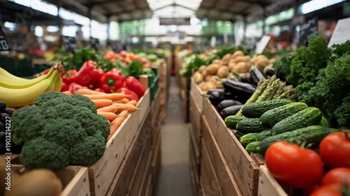 A vibrant indoor market stall showcasing a wide variety of fresh, colorful fruits and vegetables in wooden crates.