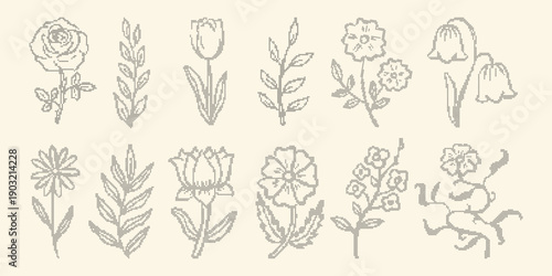 Vector set of cross stitch embroidery monochrome wild flowers. Vintage lace needlepoint floral elements. Pixel art branches and herbs for trendy ornate design. Delicate sewed plants