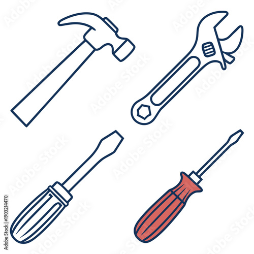 A variety of tools including a hammer, wrench, screwdriver, and saw Vector