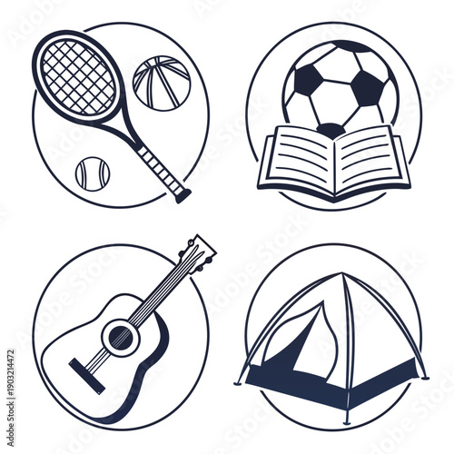 Illustrations of various sports and recreational activities including tennis, soccer, reading, music, and camping. Vector