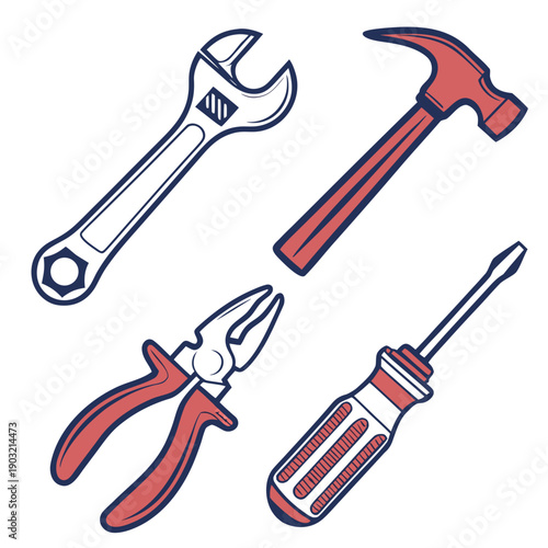 A collection of various tools commonly used in construction and repair work. Vector