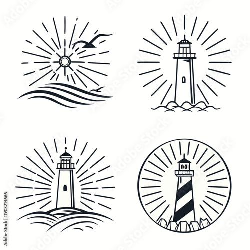 Four distinct lighthouses depicted in a square formation with unique designs and surroundings Vector