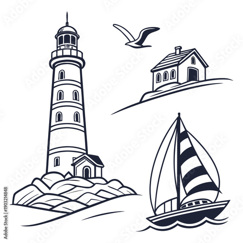 A serene seascape featuring a lighthouse, sailboat, and coastal cottage. Vector