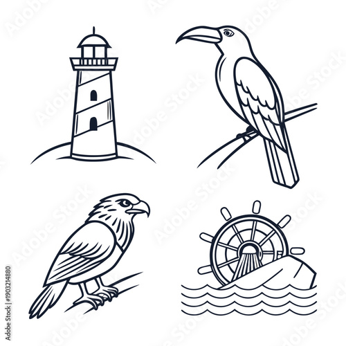 A picturesque scene of a lighthouse, birds, and a ship on the sea Vector
