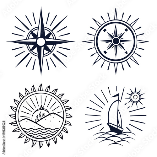 Four distinct compasses with unique designs and symbols illustrating navigation and direction. Vector