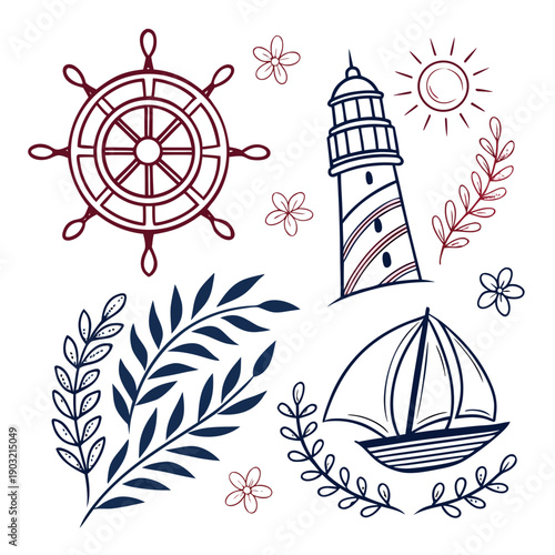Nautical-themed illustrations featuring a ship's wheel, anchor, and sailboat Vector