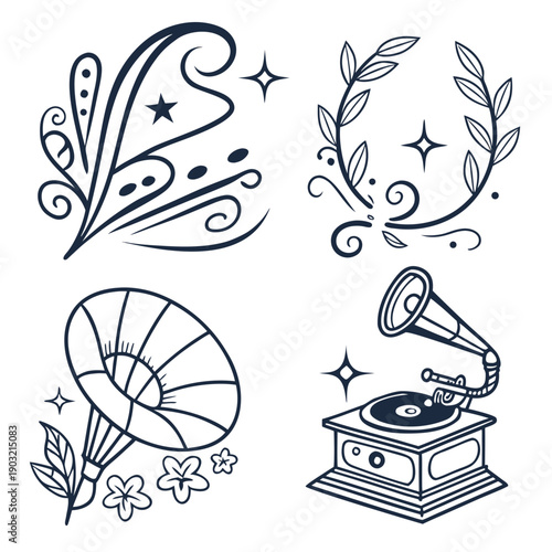 Vintage illustrations of a camera, gramophone, and floral designs on a white background Vector