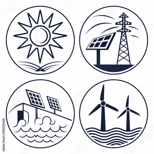 Icons representing various sources of renewable energy and their environmental benefits Vector