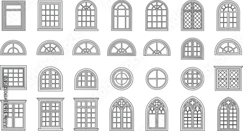 Architectural window icon collection, vintage arched and rectangular frames, line art vector set for design projects branding illustration architecture UI