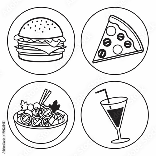 A variety of delicious food and drink illustrations showcasing different meal options. Vector