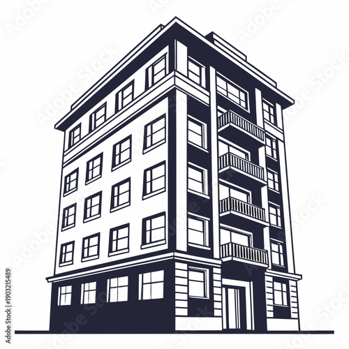 A detailed black and white illustration of a tall, multi-story building with balconies.