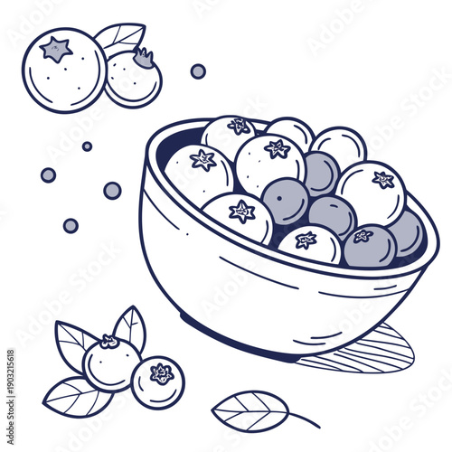 A bowl of ripe blueberries surrounded by scattered leaves and berries