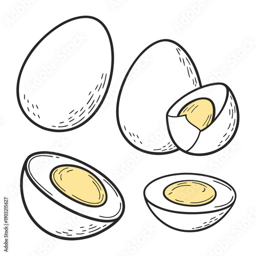 Four eggs in various stages of being cracked open and peeled.