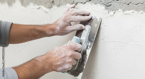 Skilled hands applying plaster compound to wall during renovation process