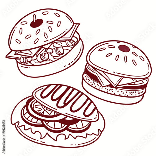 Three delicious burgers with various toppings and condiments