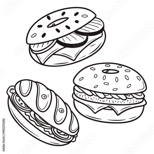 Three different types of sandwiches with various fillings and toppings