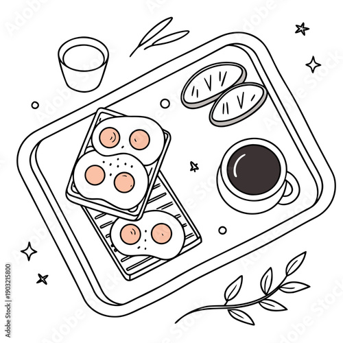 A beautifully illustrated black and white breakfast tray with eggs, toast, and coffee