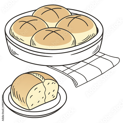 A plate of bread rolls next to a basket of bread rolls on a table