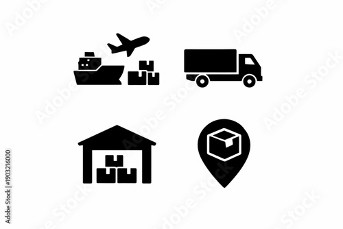 Logistics and transportation icons: air, sea, and land shipping with warehouse storage