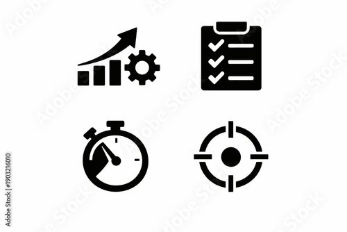 Progress chart, checklist, stopwatch, and target icon set for business and productivity